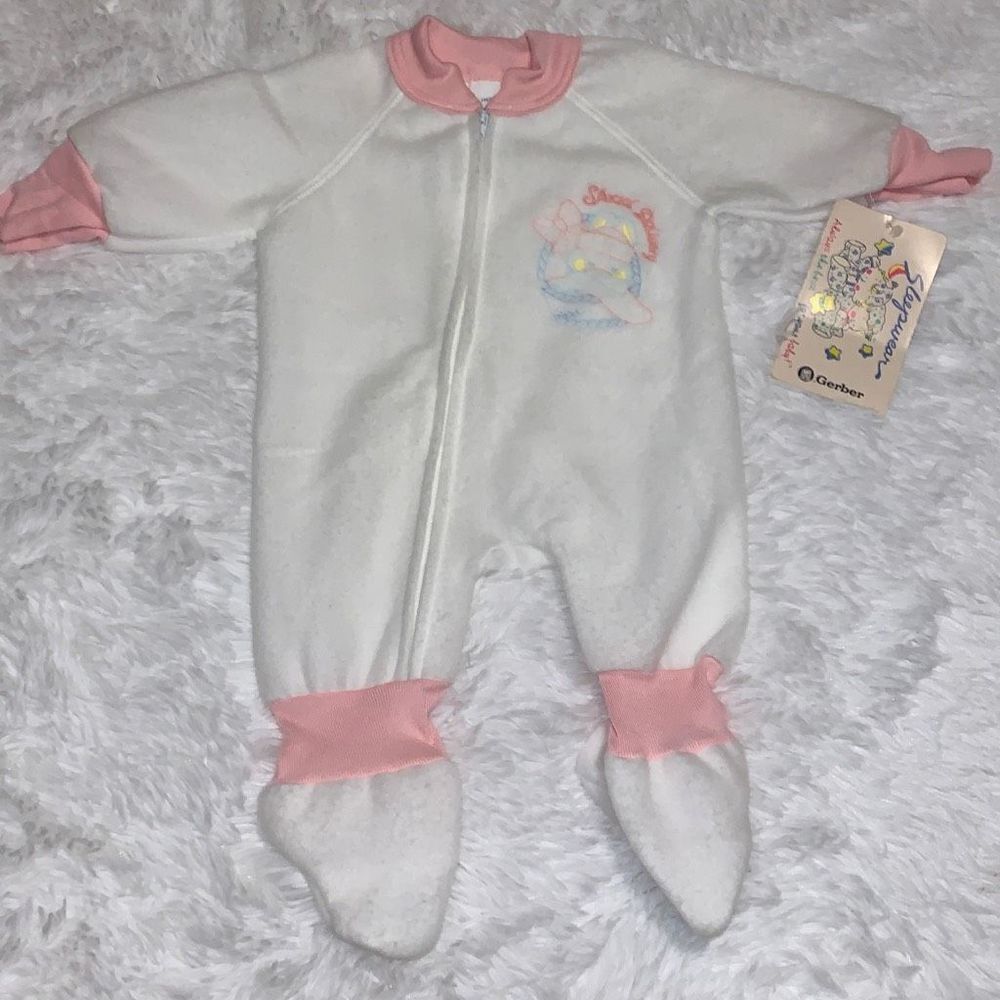 NWT Vintage Gerber Pink White Sleepwear‎ Fleece Zip Up One Piece 6M